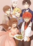  2girls 4boys 707_(susanghan_messenger) bare_shoulders blonde_hair blue_necktie brown_eyes brown_hair dress food glasses hair_tie haiyun han_jumin kang_jaehee kebab long_hair looking_at_another multiple_boys necktie open_mouth pink_dress plate pocket ponytail protagonist_(susanghan_messenger) red_necktie shrimp spilling standing susanghan_messenger violet_eyes white_hair yoosong_(susanghan_messenger) zen_(susanghan_messenger) 