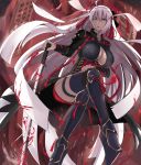  1girl bangs breasts cleavage cleavage_cutout dutch_angle fate/grand_order fate_(series) floating_hair grey_eyes hair_between_eyes hair_ornament highres holding holding_sword holding_weapon invisible_chair katana large_breasts legs_crossed long_coat long_hair long_sleeves looking_at_viewer majin_saber parted_lips red_skirt ribbed_legwear shin_guards sitting skirt solo sword takara_joney tassel thigh_strap thighs very_long_hair weapon white_hair 