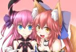  2girls :3 :d animal_ears bangs bare_shoulders blue_bow blue_eyes blush bow breasts brown_hair choker cleavage detached_collar detached_sleeves elizabeth_bathory_(fate) elizabeth_bathory_(fate)_(all) eyebrows_visible_through_hair fang fang_out fate/extra fate/grand_order fate_(series) flat_chest fox_ears fox_tail frown gradient gradient_background hair_between_eyes hair_bow hair_ribbon horn_ribbon horns horokusa_(korai) japanese_clothes long_hair looking_at_another looking_at_viewer multiple_girls open_mouth pink_background pink_hair pointy_ears purple_ribbon ribbon small_breasts smile tail tamamo_(fate)_(all) tamamo_no_mae_(fate) two_side_up upper_body yellow_eyes 