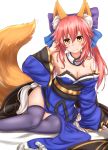  1girl animal_ears blue_legwear blush bow breasts cleavage collarbone detached_sleeves fang fate/extra fate/grand_order fate_(series) fox_ears fox_tail hair_bow hair_ribbon hand_in_hair highres horokusa_(korai) japanese_clothes large_breasts light_smile looking_at_viewer pink_hair ribbon simple_background sitting solo tail tamamo_(fate)_(all) tamamo_no_mae_(fate) white_background yellow_eyes 