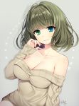  1girl :3 bare_shoulders blue_eyes blush breasts byulzzimon cleavage closed_mouth collarbone eyebrows_visible_through_hair green_eyes green_hair grey_background head_tilt heterochromia idolmaster idolmaster_cinderella_girls looking_at_viewer medium_breasts mole mole_under_eye off_shoulder short_hair signature silhouette simple_background sleeves_past_wrists smile snowflakes solo takagaki_kaede 