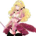  1girl armor blonde_hair breasts cleavage curly_hair fire_emblem fire_emblem_if headband holding holding_weapon insarability one_eye_closed pauldrons soleil_(fire_emblem_if) violet_eyes weapon 