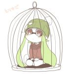  1girl beanie birdcage cage domino_mask green_hair hat hood hoodie inkling lowres mask nana_(raiupika) pink_eyes splatoon tentacle_hair 