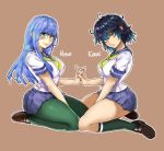  &gt;:( 2girls ahoge bangs black_hair blue_hair blue_skirt breasts brown_shoes character_name closed_mouth freckles from_side fubuki_(one-punch_man) full_body glasses green_eyes green_legwear hand_holding highres interlocked_fingers loafers long_hair looking_at_viewer looking_to_the_side medium_breasts multiple_girls neckerchief one-punch_man pantyhose pleated_skirt psychos rimless_glasses school_uniform seiza serafuku shoes short_hair short_sleeves sidelocks sitting skirt smile socks the_golden_smurf younger 