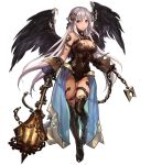  1girl black_wings boots breasts campe_(shingeki_no_bahamut) chains cleavage full_body gloves hair_ornament huge_weapon large_breasts leotard long_hair mace official_art shingeki_no_bahamut solo thigh-highs thigh_boots transparent_background violet_eyes weapon white_hair wings 