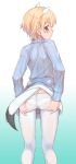  1girl animal_ears ass ass_grab bangs belt blonde_hair blue_eyes blush brave_witches butt_crack commentary ermine_ears ermine_tail from_behind fur_trim gradient gradient_background highres kneepits konnyaku_(kk-monmon) looking_back lowleg lowleg_panties nikka_edvardine_katajainen panties panties_under_pantyhose pantyhose parted_lips profile ribbed_sweater short_hair solo sweater tail turtleneck turtleneck_sweater underwear white_legwear white_panties world_witches_series 