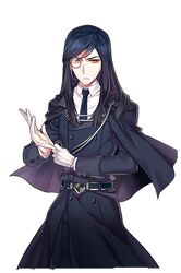  1boy adjusting_clothes adjusting_gloves belt black_hair black_necktie black_pants brown_eyes cape gl_ztoh gloves highres long_hair male_focus monocle necktie official_art pants serious shootmeister soccer_spirits solo white_gloves 