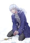  1boy absurdres berserk blue_eyes broken broken_sword broken_weapon clenched_teeth curly_hair eyebrows_visible_through_hair frills griffith highres kneeling long_hair male_focus nanin sidelocks snow snowing solo sword teeth weapon white_hair 