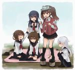  &gt;:d 5girls :d akatsuki_(kantai_collection) anchor_symbol annin_musou blue_eyes brown_eyes brown_hair can can_stilts fang flat_cap folded_ponytail grey_eyes hammer hand_up hands_up hat hat_removed headwear_removed hibiki_(kantai_collection) highres holding holding_hat ikazuchi_(kantai_collection) inazuma_(kantai_collection) japanese_clothes kantai_collection kariginu kneeling long_hair long_sleeves magatama multiple_girls nail neckerchief open_mouth pantyhose pleated_skirt remodel_(kantai_collection) rock ryuujou_(kantai_collection) school_uniform seiza serafuku shoes_removed short_hair silver_hair sitting sitting_on_ground skirt smile squatting standing_on_object stilts string tarp tarpaulin twintails visor_cap white_background wide_sleeves 