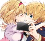  1boy 1girl blonde_hair blue_eyes blurry blush breasts cellphone cellphone_camera closed_eyes depth_of_field djeeta_(granblue_fantasy) eyebrows_visible_through_hair eyelashes feather_(granblue_fantasy) frilled_sleeves frills granblue_fantasy hairband head_to_head heart hetero holding holding_cellphone holding_phone kiss kurimomo long_hair long_sleeves looking_at_another medium_breasts phone profile self_shot short_hair short_sleeves simple_background smartphone surprised taking_picture upper_body white_background 