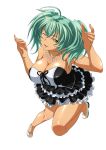  1girl ahoge breasts cleavage dress full_body green_eyes green_hair ikkitousen jewelry large_breasts looking_at_viewer necklace one_eye_closed ryofu_housen shiny shiny_skin simple_background skirt solo strapless strapless_dress twintails white_background 