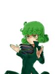  1girl bangs breasts cellphone closed_mouth covered_navel dress expressionless green_dress green_eyes green_hair jitome levitation long_sleeves one-punch_man phone short_hair small_breasts smartphone solo tatsumaki tawawa_challenge telekinesis the_golden_smurf upper_body wavy_hair white_background 