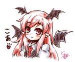  1girl bat_wings blush commentary_request eyebrows_visible_through_hair head_wings heart juliet_sleeves koa_(phrase) koakuma long_hair long_sleeves looking_at_viewer neko_yume pointy_ears puffy_sleeves red_eyes redhead sidelocks simple_background sketch smile solo touhou upper_body vest white_background wings 