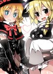  2girls 5240mosu :d absurdres bangs black_eyes black_gloves black_skirt blonde_hair blue_eyes blush blush_stickers bow bowtie braid breasts buttons capelet cookie_(touhou) cowboy_shot dual_persona elbow_gloves eyebrows_visible_through_hair frilled_skirt frills gloves hair_between_eyes hair_bow hat hat_bow heart highres jitome kirisame_marisa looking_at_viewer medium_breasts multiple_girls open_mouth purple_bow red_bow red_bowtie side_braid sidelocks single_braid skirt sleeves_past_wrists smile thick_eyebrows touhou white_background 