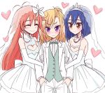  3girls _ ahoge antenna_hair bangs bangs_pinned_back blonde_hair blue_hair blush bow bowtie bridal_veil bride brown_eyes choker cleavage_cutout closed_eyes dress flip_flappers flower formal girl_sandwich groom hair_flower hair_ornament hands_in_pockets heart holding_arm kokomine_cocona long_hair multicolored_hair multiple_girls necktie orange_hair pants papika_(flip_flappers) sandwiched short_hair smile sou_(mgn) spoilers streaked_hair suit tiara veil violet_eyes wedding_dress what_if white_suit wife_and_wife yayaka yuri 