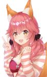  1girl :d animal_ears bangs blush breasts chaou cleavage fate/extra fate_(series) fox_ears fox_tail highres open_mouth pink_hair scrunchie simple_background smile solo striped tail tamamo_(fate)_(all) tamamo_no_mae_(fate) unzipped upper_body v white_background yellow_eyes 