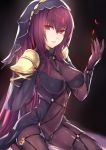  1girl absurdres bodysuit breasts covered_navel fate/grand_order fate_(series) gae_bolg highres kyouki large_breasts long_hair looking_at_viewer parted_lips pauldrons polearm purple_bodysuit purple_hair red_eyes scathach_(fate/grand_order) solo spear veil weapon 