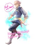  ! 1boy ? boots brown_eyes dated fire_emblem fire_emblem_if grey_hair happy_birthday haruhito1211 lazward_(fire_emblem_if) male_focus simple_background solo white_background 
