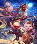  1girl animal_ears ass bare_shoulders bell boots bow castle cerberus_(shingeki_no_bahamut) full_body full_moon gauntlets gift hair_bow high_heel_boots high_heels highres lamppost lantern looking_back moon night night_sky official_art open_mouth outdoors pink_hair red_eyes shadowverse shingeki_no_bahamut sky stuffed_animal stuffed_toy tachikawa_mushimaro teddy_bear underwear watermark 