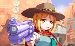  1girl :3 blonde_hair braid cosplay cowboy_hat crown_braid desert food food_in_mouth gun handgun hat langbazi love_live! love_live!_sunshine!! mccree_(overwatch) mccree_(overwatch)_(cosplay) ohara_mari overwatch parody pocky poncho school_uniform serafuku solo sweater water_gun weapon yellow_eyes 