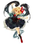  1girl :d blonde_hair collar collared_shirt darkness frilled_skirt frills full_body hair_ornament hair_ribbon highres konabetate loafers long_sleeves looking_at_viewer looking_up neck_ribbon open_mouth outstretched_arms red_eyes red_shoes ribbon rumia sanpaku shirt shoes short_hair simple_background skirt skirt_set sleeveless sleeveless_shirt smile socks solo touhou white_background 