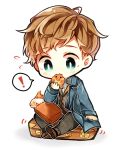  ! 1boy bag bow bowtie brown_hair chibi coat eating fantastic_beasts_and_where_to_find_them food freckles gaito-san green_eyes male_focus newt_scamander paper_bag simple_background sitting solo white_background 