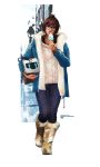  1girl absurdres alternate_hairstyle artist_name bag black-framed_eyewear boots brown_hair character_name denim eating fashion food full_body fur_boots fur_coat glasses highres holding ice_cream jeans jewelry mei_(overwatch) monori_rogue overwatch pants ring short_hair solo standing tongue tongue_out 