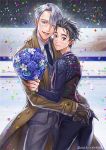  2boys ;) black_gloves black_hair blue_eyes blue_rose blush bouquet brown_eyes coat confetti flower formal gloves hair_slicked_back hayasu hug katsuki_yuuri male_focus multiple_boys necktie one_eye_closed open_mouth rose silver_hair skating_rink smile sparkle suit twitter_username viktor_nikiforov yaoi yuri!!!_on_ice 