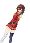  1girl absurdres bandaged_leg bare_shoulders belt black_legwear blush brown_hair choker dress dress_tug dutch_angle fingerless_gloves gloves highres kono_subarashii_sekai_ni_shukufuku_wo! looking_at_viewer megumin nose_blush nraib red_eyes short_hair short_hair_with_long_locks single_thighhigh sleeves_past_wrists thigh-highs tunic white_background 