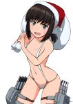  1girl :d alternate_costume bikini black_hair breasts carrying fubuki_(kantai_collection) green_eyes hat highres holding kantai_collection koutarou_(plusdrive) long_hair looking_at_viewer low_ponytail machinery micro_bikini navel open_mouth sack santa_hat simple_background small_breasts smile solo string_bikini sweat swimsuit white_background 