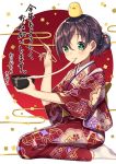  1girl absurdres animal animal_on_head bird bird_on_head brown_hair chick chopsticks food green_eyes highres japanese_clothes kimono mochi new_year original short_hair wagashi warabimochi_kinako year_of_the_rooster 