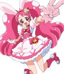  1girl :d animal_ears boots bow cake_hair_ornament choker corset cure_whip extra_ears food food_themed_hair_ornament food_themed_ornament fruit full_body gloves hair_ornament hairband kirakira_precure_a_la_mode knee_boots long_hair looking_at_viewer magical_girl open_mouth pink_boots pink_bow pink_hair precure puffy_sleeves rabbit_ears red_eyes skirt smile solo strawberry twintails uraki usami_ichika v white_background white_gloves white_skirt 