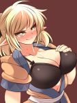  1girl 3: 3:&lt; ahoge angry black_bra blonde_hair blush bra breast_hold breasts cleavage frown full-face_blush green_eyes hand_on_breast highres large_breasts looking_at_viewer mizuhashi_parsee navel open_clothes open_robe pointy_ears revision robe short_hair solo sweat touhou ueda_katsuhito underwear 