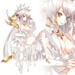  1girl absurdres ass bare_shoulders breasts cleavage detached_sleeves hair_ornament high_heels highres jewelry legs_crossed long_hair necklace original red_eyes sitting solo thigh-highs very_long_hair vilor white_hair white_legwear zoom_layer 