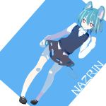  1girl 5240mosu animal_ears bangs black_shoes black_skirt blue_hair character_name clenched_hands closed_mouth collared_shirt dutch_angle hair_between_eyes highres long_sleeves looking_at_viewer mary_janes mouse_ears mouse_tail multicolored_background nazrin red_eyes shirt shoes short_hair skirt sleeveless smile solo standing tail touhou two-tone_background white_shirt 