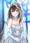  1girl bare_shoulders black_hair blue_eyes blurry blush breasts bridal_veil bride depth_of_field dress elbow_gloves fukahire_sanba gloves idolmaster idolmaster_cinderella_girls jewelry long_hair necklace parted_lips sagisawa_fumika solo stained_glass veil wedding_dress white_gloves 
