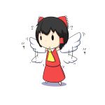  &gt;:&lt; 1girl ascot black_hair bow chibi closed_mouth detached_sleeves fake_wings flapping flying_sweatdrops frown hair_bow hair_tubes hakurei_reimu motion_blur motion_lines potaaju shadow short_hair simple_background skirt skirt_set solid_oval_eyes solo touhou white_background wings 