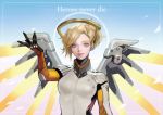  1girl absurdres armor black_gloves blonde_hair blue_eyes bodysuit breastplate breasts closed_mouth english eyelashes gloves hand_up headgear highres long_sleeves looking_at_viewer mechanical_halo mechanical_wings medium_breasts mercy_(overwatch) nose overwatch short_hair skin_tight smile solo spread_wings turtleneck wing_print wings wonst92 yellow_wings 