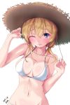  1girl bikini blonde_hair blue_eyes blush breasts cleavage dated hat highres kantai_collection long_hair looking_at_viewer low_twintails maimu_(gol-em-1226) navel one_eye_closed prinz_eugen_(kantai_collection) simple_background solo straw_hat swimsuit twintails white_background white_bikini 