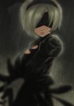  1girl artist_request black_dress blindfold blurry depth_of_field dress hairband highres lips nier_(series) nier_automata puffy_sleeves rain short_hair silver_hair solo source_request upper_body yorha_no._2_type_b yorha_unit_no._2_type_b 