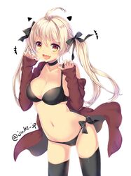  &gt;:d 1girl :d ahoge bangs black_bow black_bra black_legwear black_panties black_ribbon blonde_hair bow bra breasts cardigan cleavage collar collarbone cowboy_shot eyebrows_visible_through_hair fang hair_between_eyes hair_ribbon highres hips juke large_breasts long_hair looking_at_viewer navel open_mouth original panties paw_pose ribbon simple_background smile solo thighs twintails twitter_username underwear white_background yellow_eyes 