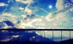  blue_sky clouds cloudy_sky comet evening highres no_humans original railing scenery shade sky star_(sky) starry_sky telephone_pole usamochi_(7290381) utility_pole 