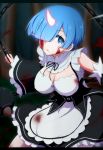  1girl apron ball_and_chain blood blue_eyes blue_hair breasts cleavage commentary_request detached_sleeves flail hair_over_one_eye horn large_breasts looking_at_viewer maid matching_hair/eyes negija oni re:zero_kara_hajimeru_isekai_seikatsu rem_(re:zero) short_hair solo spike_ball underbust waist_apron weapon 