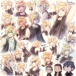  4boys ;q arms_up blonde_hair blue_eyes boned_meat character_name chibi copyright_name dirty double_v eating final_fantasy final_fantasy_xv food gladiolus_amicitia gun ignis_scientia male_focus meat mocha_(tbc7500) multiple_boys multiple_views noctis_lucis_caelum one_eye_closed prompto_argentum rain sleeping sword thumbs_up tongue tongue_out v vest weapon whistling 