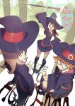  3girls :d a&#039;j akko_kagari arms_up bangs black_ribbon blunt_bangs boots brown_hair collared_shirt copyright_name glasses green_eyes half-closed_eyes hat holding holding_staff little_witch_academia long_hair long_sleeves looking_at_viewer lotte_yanson multiple_girls neck_ribbon open_mouth outdoors red_eyes ribbon semi-rimless_glasses shirt short_hair sitting smile staff standing sucy_manbabalan wide_sleeves witch_hat 