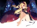  1girl bangs barefoot black_dress black_panties blonde_hair blurry blush cafe cape chains closed_mouth crossed_ankles depth_of_field dress earrings ereshkigal_(fate/grand_order) eyebrows_visible_through_hair eyelashes fate/grand_order fate_(series) floating_hair full_body glowing hair_ribbon head_tilt jewelry knees_up light_particles long_hair long_sleeves looking_at_viewer miya_(ete) panties parted_bangs red_cape red_eyes red_ribbon ribbon short_dress sitting skull_necklace sleeves_past_wrists smile solo tiara tohsaka_rin two_side_up underwear wind 