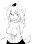  1girl animal_ears blush breasts greyscale hat inubashiri_momiji large_breasts looking_at_viewer monochrome open_mouth short_hair signature simple_background solo tail taurine_8000mg tokin_hat touhou twitter_username white_background wolf_ears wolf_tail 