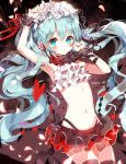  1girl aqua_eyes aqua_hair arm_up dohj00 hatsune_miku head_wreath long_hair navel nisoku_hokou_(vocaloid) skirt solo thigh-highs twintails very_long_hair vocaloid 