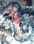  2girls black_legwear black_skirt blue_eyes blue_hair blue_necktie detached_sleeves fuuna_(conclusion) ghost_rule_(vocaloid) hair_ornament hatsune_miku highres liar_dance_(vocaloid) long_hair multiple_girls necktie pleated_skirt shirt skirt thigh-highs twintails white_shirt 