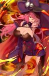  1girl bare_shoulders black_sclera blazblue blazblue:_central_fiction breasts cape cleavage gloves hair_over_one_eye hat highres konoe_a_mercury large_breasts long_hair pink_hair redhead thigh-highs tomo_(tomorag7) witch_hat yellow_eyes 